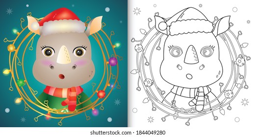 coloring book with a cute rhino with twigs decoration christmas