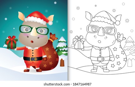 coloring book with a cute rhino using santa clause costume