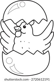 Libro para colorear del icono de la etiqueta engomada del pollo del gallo lindo. Esquema de Gallina de Gallo en la grieta de huevo
