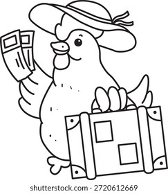 Malbuch des süßen Rooster Hühnchen Aufkleber Symbol. Umriss von Hahn Huhn bringen eine Reisetasche