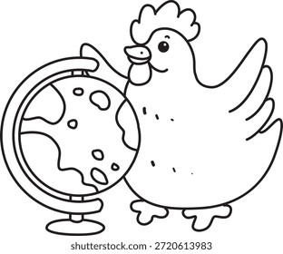 Livro de colorir Cute Rooster Chicken ícone do adesivo. Contorno de Galo Galo trazer um globo