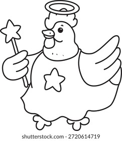Libro para colorear del icono de la etiqueta engomada del pollo del gallo lindo. Esquema de Pollo Gallo como un hada 
