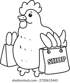 Libro para colorear del icono de la etiqueta engomada del pollo del gallo lindo. Esquema de Pollo Gallo traer una bolsa de la compra