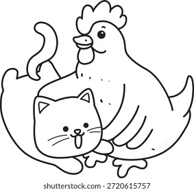 Livro de colorir Cute Rooster Chicken ícone do adesivo. Contorno de Galo Frango brincando com gatinho