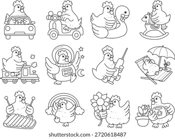 Libro para colorear del icono de la etiqueta engomada del pollo del gallo lindo. Esquema del Pollo Gallo en la variación del transporte