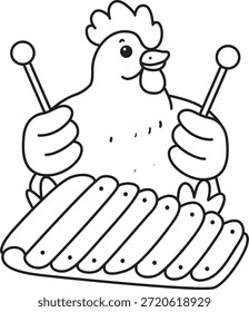 Libro para colorear del icono de la etiqueta engomada del pollo del gallo lindo. Esquema de Pollo Gallo jugando un xilófono