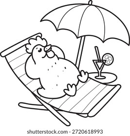 Libro para colorear del icono de la etiqueta engomada del pollo del gallo lindo. Esquema de Pollo Gallo jugando en la playa