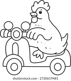Libro para colorear del icono de la etiqueta engomada del pollo del gallo lindo. Esquema de Gallina Gallo montando una moto.