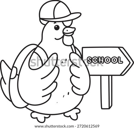 Coloring book of Cute Rooster Chicken sticker icon. Outline of Rooster Chicken want to going to school