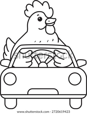 Coloring book of Cute Rooster Chicken sticker icon. Outline of Rooster Chicken driving a car.