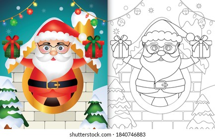 coloring book with a cute santa clause christmas characters inside the house