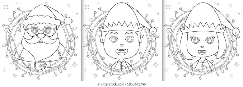 coloring book with a cute santa and elf with twigs decoration christmas