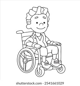 Coloring book. Cute school boy character in wheelchair. Vector illustration in doodle style on the theme of "Back to school"