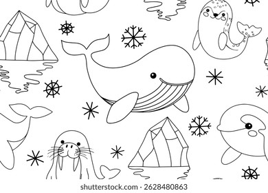 Livro de colorir. Padrão perfeito bonito com animais marinhos árticos. Ilustração vetorial em estilo doodle
