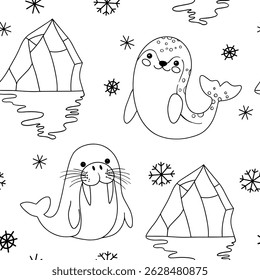 Livro de colorir. Padrão perfeito bonito com foca ártica e morsa. Ilustração vetorial em estilo de rabiscar.