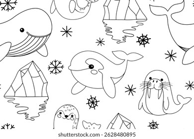 Livro de colorir. Padrão perfeito bonito com animais marinhos árticos. Ilustração vetorial em estilo doodle