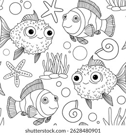 Coloring book. Cute seamless underwater world pattern with fish and sea animals. Vector illustration in doodle style