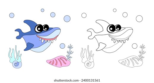 Coloring book Cute shark with shells, bubbles and algae in the ocean. For posters, prints on clothes. Vector