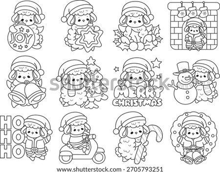 Coloring book of Cute sheep hand drawn christmas emotes icon. Baby sheep illustration activites. Sheep in the variation of Merry Christmas 