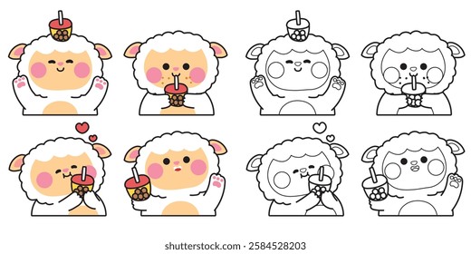 Coloring book.Set of cute sheep in various poses with bubble milk tea.Sweet.Farm animal character cartoon.Painting book for kid.School.Kawaii.Vector.Illustration.