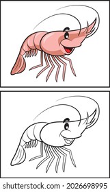 Coloring book cute shrimp. Coloring page and colorful clipart character. Vector cartoon illustration.