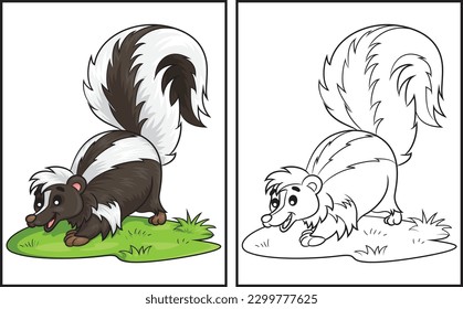 Coloring book cute skunk. Coloring page and colorful clipart character. Vector cartoon illustration.