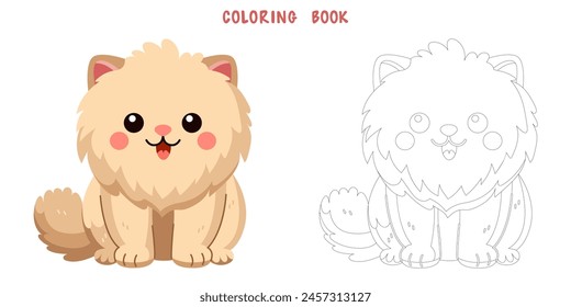 Coloring book of cute and smile cat, doodle pet friend. Coloring page of funny adorable cat or fluffy kitten cartoon character design. Pet companion friendship. Flat vector illustration.