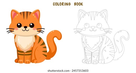 Coloring book of cute and smile cat, doodle pet friend. Coloring page of funny adorable cat or fluffy kitten cartoon character design. Pet companion friendship. Flat vector illustration.