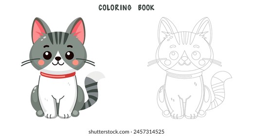 Coloring book of cute and smile cat, doodle pet friend. Coloring page of funny adorable cat or fluffy kitten cartoon character design. Pet companion friendship. Flat vector illustration.