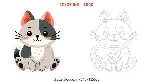 Coloring book of cute and smile cat, doodle pet friend. Coloring page of funny adorable cat or fluffy kitten cartoon character design. Pet companion friendship. Flat vector illustration.