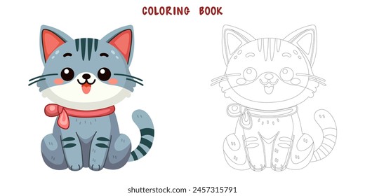 Coloring book of cute and smile cat, doodle pet friend. Coloring page of funny adorable cat or fluffy kitten cartoon character design. Pet companion friendship. Flat vector illustration.