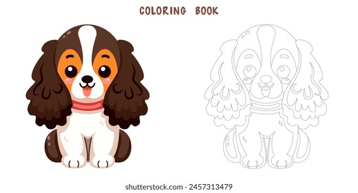 Libro para colorear de perro lindo y sonriente, amigo mascota doodle. Dibujo para colorear de perro adorable divertido o diseño de personaje de dibujos animados de cachorro esponjoso. Amistad de compañía de mascotas. Ilustración vectorial plana.