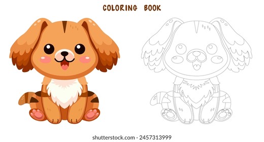 Libro para colorear de perro lindo y sonriente, amigo mascota doodle. Dibujo para colorear de perro adorable divertido o diseño de personaje de dibujos animados de cachorro esponjoso. Amistad de compañía de mascotas. Ilustración vectorial plana.