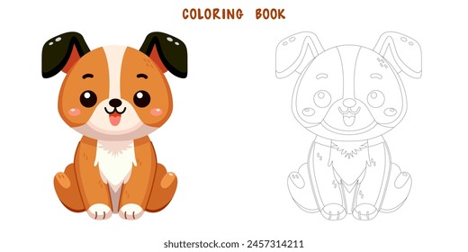 Libro para colorear de perro lindo y sonriente, amigo mascota doodle. Dibujo para colorear de perro adorable divertido o diseño de personaje de dibujos animados de cachorro esponjoso. Amistad de compañía de mascotas. Ilustración vectorial plana.