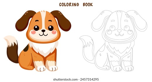 Libro para colorear de perro lindo y sonriente, amigo mascota doodle. Dibujo para colorear de perro adorable divertido o diseño de personaje de dibujos animados de cachorro esponjoso. Amistad de compañía de mascotas. Ilustración vectorial plana.