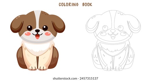 Libro para colorear de perro lindo y sonriente, amigo mascota doodle. Dibujo para colorear de perro adorable divertido o diseño de personaje de dibujos animados de cachorro esponjoso. Amistad de compañía de mascotas. Ilustración vectorial plana.