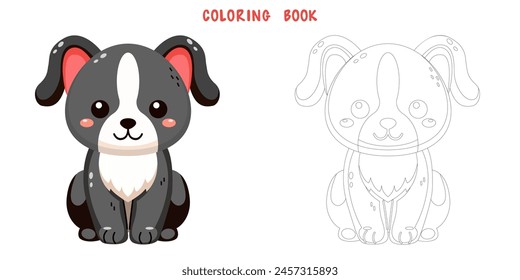 Libro para colorear de perro lindo y sonriente, amigo mascota doodle. Dibujo para colorear de perro adorable divertido o diseño de personaje de dibujos animados de cachorro esponjoso. Amistad de compañía de mascotas. Ilustración vectorial plana.