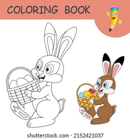 Coloring book with cute smiling Hare holding basket with Easter eggs. Colorless and color samples of cartoon Easter Rabbit. Template of coloring page or practice worksheet for kids. Spring holiday.