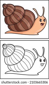 Coloring book cute snail. Coloring page and colorful clipart character. Vector cartoon illustration.
