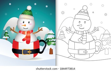 coloring book with a cute snowman christmas characters with a hat and scarf in the santa cup