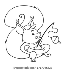 Coloring book a cute squirrel wearing a hat and a float tire is fishing for walnuts with a zealous effort. Vector illustration. Coloring book page.