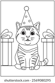 Coloring book cute standing pose wearing paper hat