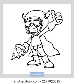 coloring book Cute super hero loves pizza, vector illustration