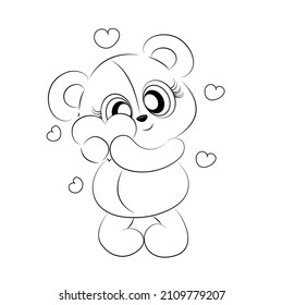 Coloring book with cute teddy bear Outline illustration isolated on white background. one line. Coloring book for children and adults. Print for t-shirt, cup, children's clothing Vector illustration