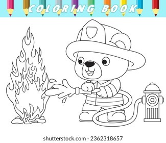 Coloring book of cute teddy bear in fireman costume extinguish flame with fire hose. Vector cartoon illustration