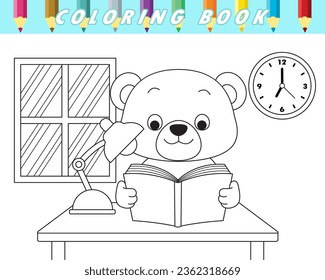 Coloring book of cute teddy bear reading book. Vector cartoon illustration