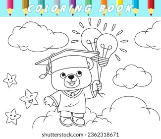 Coloring book of cute teddy bear in graduation gown floating on sky with lightbulb. Vector cartoon illustration