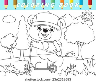 Coloring book of cute teddy bear riding kick scooter on trees background. Vector cartoon illustration