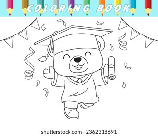 Coloring book of cute teddy bear in graduation gown celebrating graduation day. Vector cartoon illustration