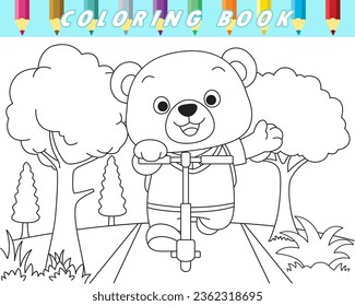 Coloring book of cute teddy bear riding kick scooter on trees background. Vector cartoon illustration